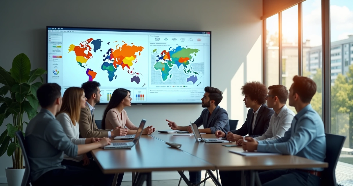 Equipe de profissionais em reunião analisando gráficos e indicadores em telas digitais