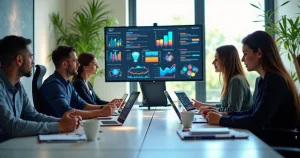 Equipe de profissionais de RH reunida em escritório moderno, analisando gráficos e mapas mentais em telas digitais para criar trilhas de aprendizagem eficientes