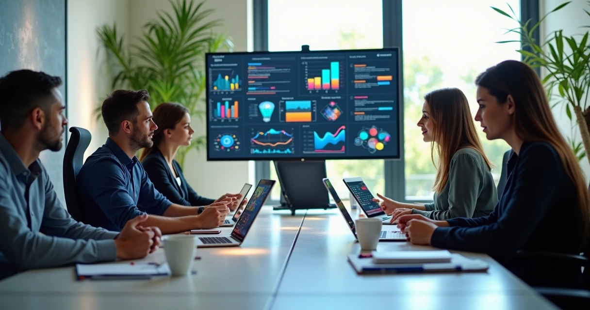 Equipe de profissionais de RH reunida em escritório moderno, analisando gráficos e mapas mentais em telas digitais para criar trilhas de aprendizagem eficientes