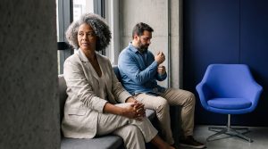 Vínculos formais: candidatos aguardando entrevista de emprego em escritório