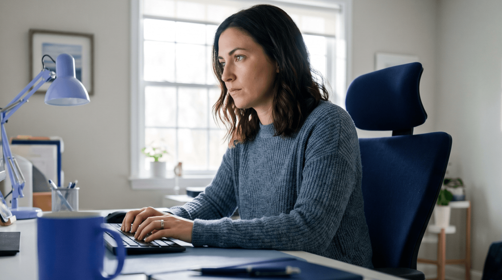 Recrutadora analisando vagas com faixa salarial e home office no notebook