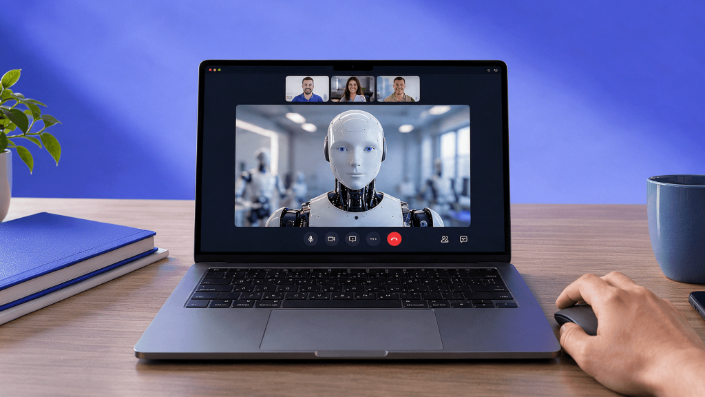 Candidatos criados por IA: robô humanoide em entrevista de emprego por videochamada no notebook
