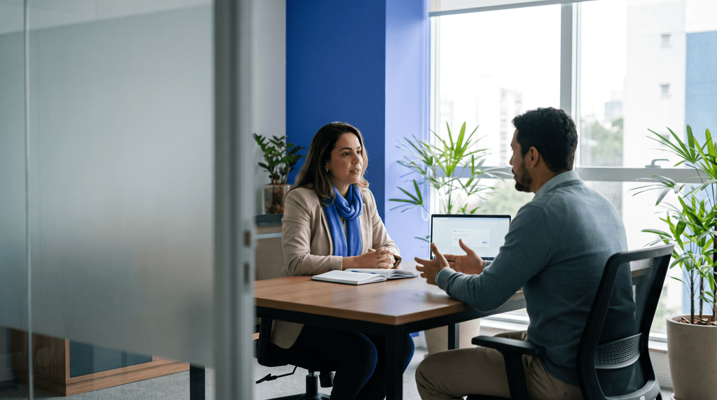 Expectativa de emprego: recrutadora entrevista candidato em sala de reunião